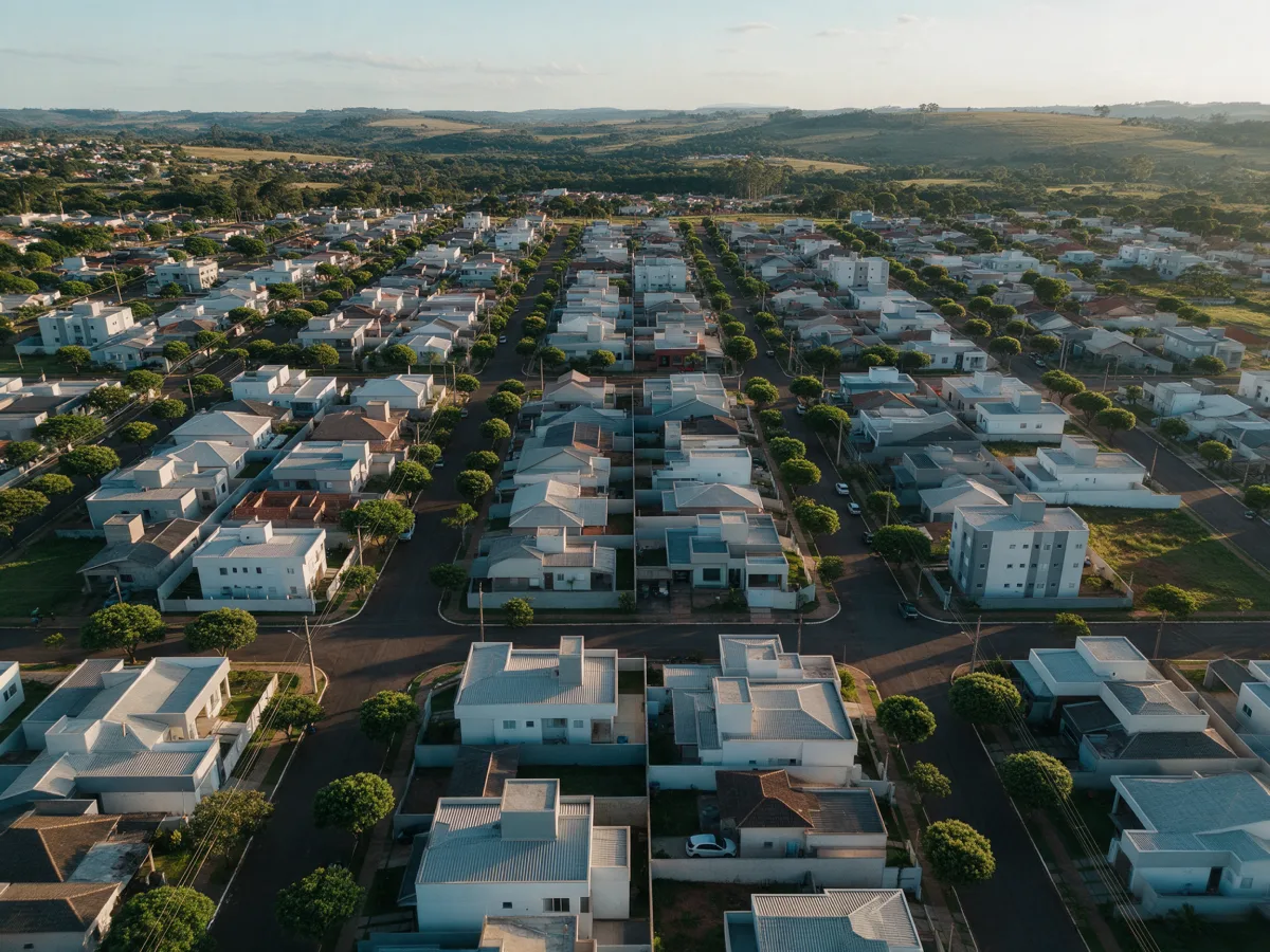 Vista aérea de um bairro planejado com ruas arborizadas no fim da tarde