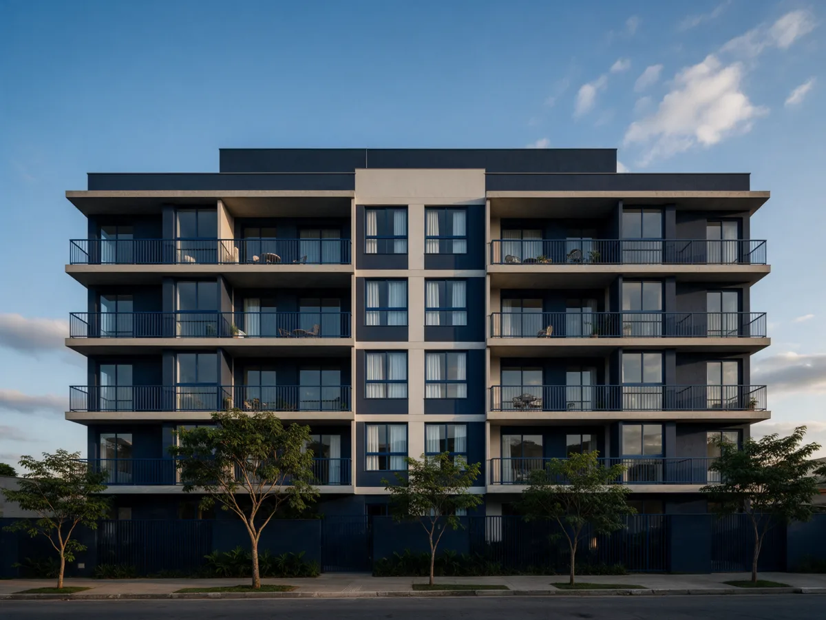Prédio de apartamentos com varandas e painéis azul-marinho no fim da tarde